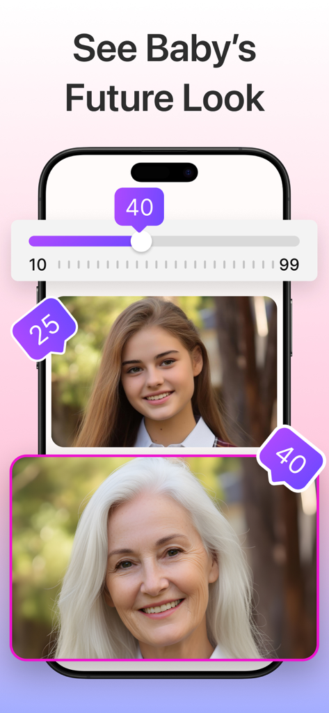 AI Baby Generator; Future Face - AI aging filter showing a woman's realistic transformation from age 25 to 40 using a slider
