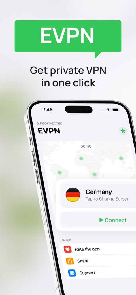 EVPN app interface on iPhone showing a one click connect button and server selection for Germany
