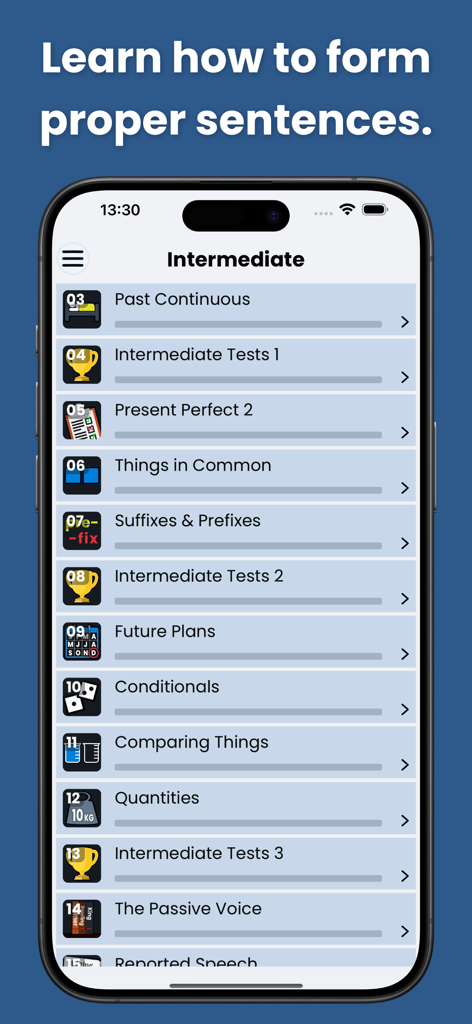 English Grammar Star: Game - Schermata dell'iPhone che mostra lezioni di grammatica inglese di livello intermedio, inclusi il Past Continuous e i Condizionali