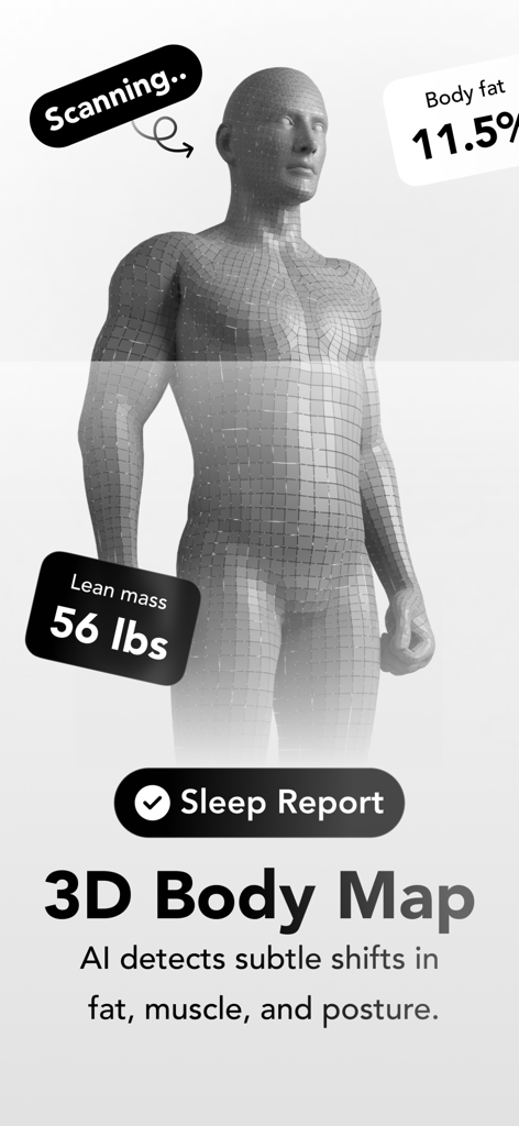 Thelo AI: Body Scan & Workouts - A 3D model of a body showing AI body fat and lean mass analysis