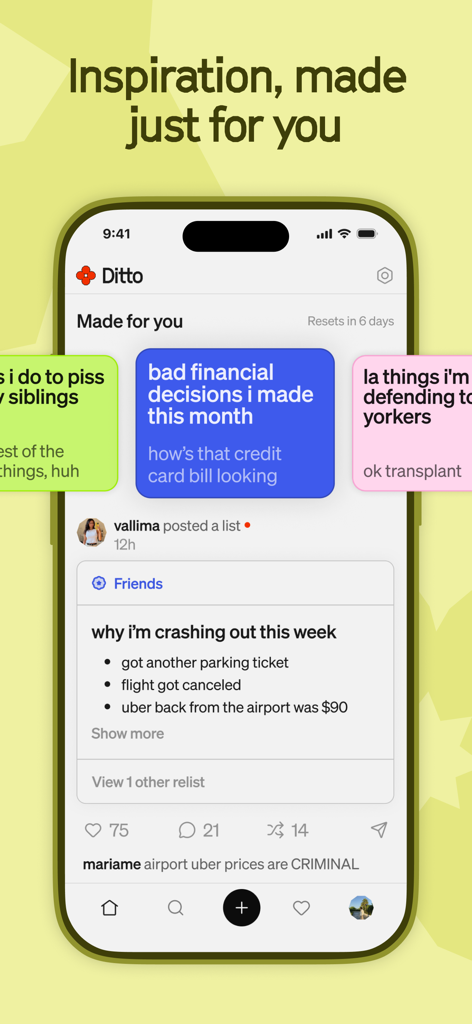 A screenshot of the Ditto app showing a social feed of personal lists and relatable thoughts under the header Inspiration made just for you