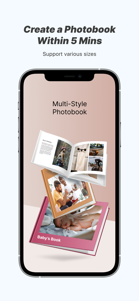 Flow Studio: AI Photo & Design - さまざまなデザインテンプレートでマルチスタイルのフォトブックを作成する様子を披露するモバイルアプリ画面