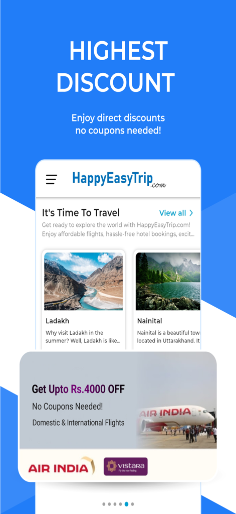 Interface de l'application Happy Easy Trip montrant des réductions de vols et des offres de voyage vers l'Inde