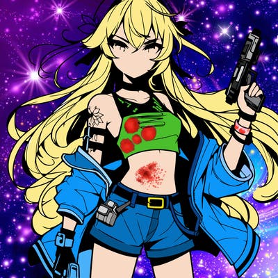 bad girl wearing crop top holding a gun long hair anime
