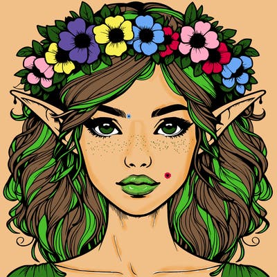 realistic female elf with flower crown