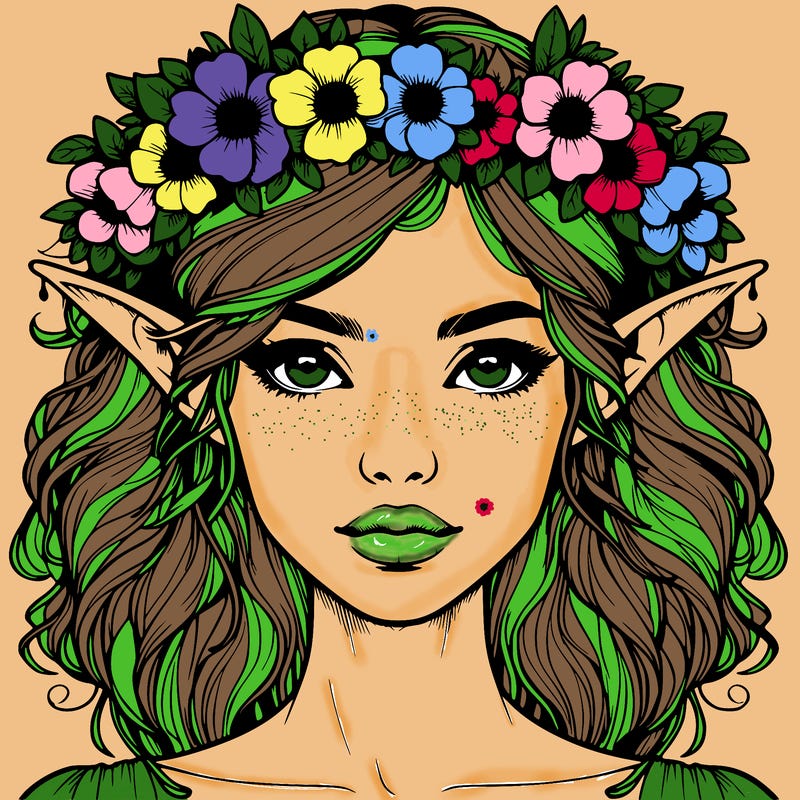 realistic female elf with flower crown