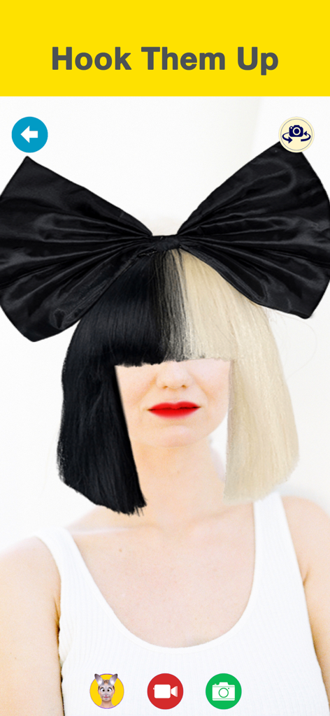 Anonymous Face Camera MaskMe - A woman using a digital mask filter with a large black bow and two-toned wig to hide her identity in the MaskMe app