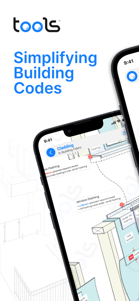 Building Tools - Teléfono inteligente mostrando la aplicación Herramientas de Construcción con un diagrama detallado de revestimiento y sellado de ventanas