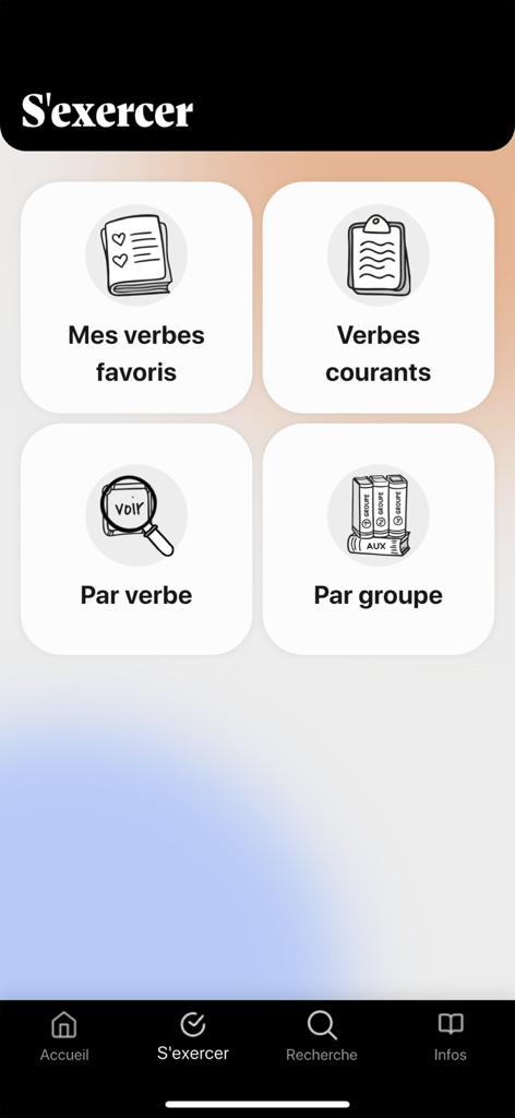 French conjugation! - Menú de selección de ejercicios de la aplicación de conjugación francesa.