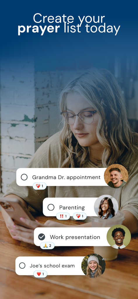 A woman using the prayer list feature in the NIV Bible app to manage spiritual requests with friends.