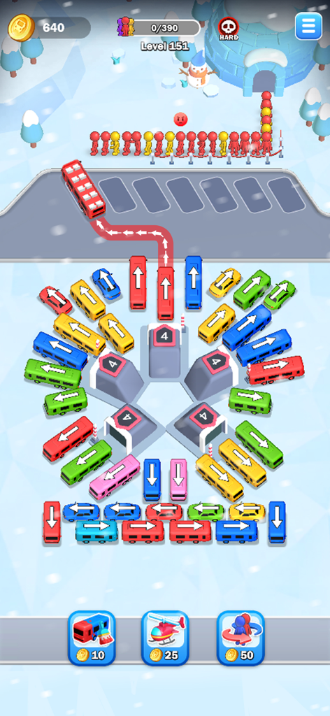 Car Jam 3D: Bus parking Master - Gameplay screenshot of Car Jam 3D showing a hard winter level with color-coded buses and passengers.