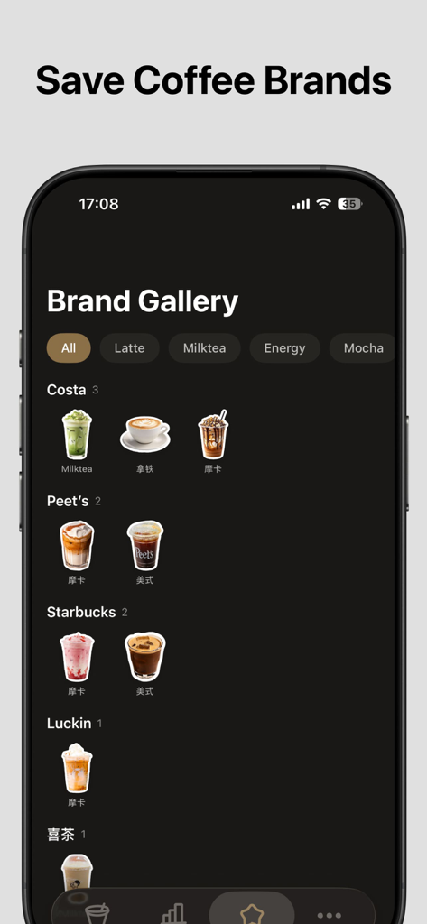 CoffeeLog - Coffee Tracker - La pantalla de la Galería de Marcas de la aplicación CoffeeLog que muestra una colección de pegatinas de café organizadas por marcas como Starbucks y Costa.