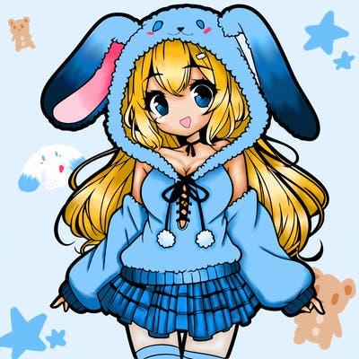 pretty anime girl wearing a fluffy hoodie with bunny ears on the hood and a skirt