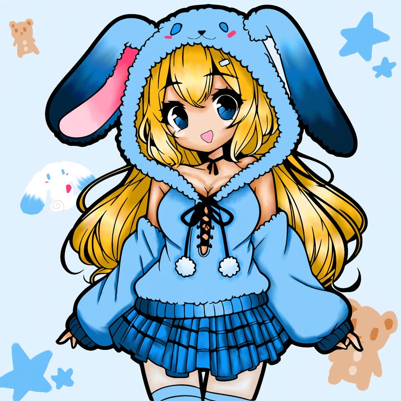 pretty anime girl wearing a fluffy hoodie with bunny ears on the hood and a skirt