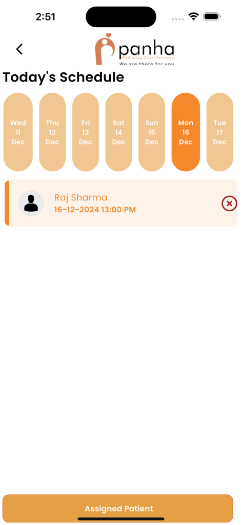 Interfaz de la aplicación móvil Panha Palliative Care que muestra el Horario de Hoy con una cita de paciente para Raj Sharma