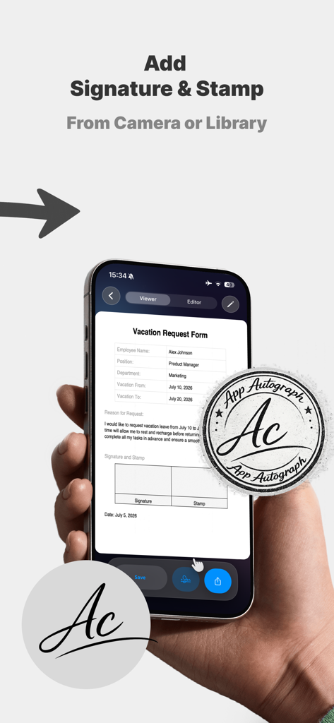 Sign & Edit Docs - iPhoneを使って休暇申請書にデジタル署名とスタンプを追加している人の様子