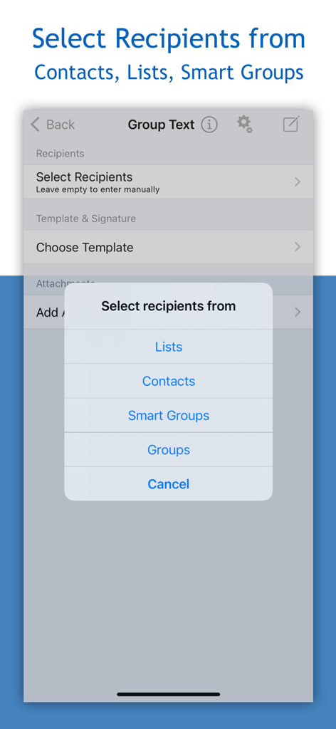 Group RCS SMS and Email - Oberfläche, die Empfängerauswahloptionen aus Kontaktlisten und intelligenten Gruppen für die Gruppen-SMS anzeigt