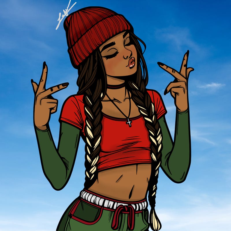 realistic teenage girl with braids and a beanie and crop top doing 🫶🏼