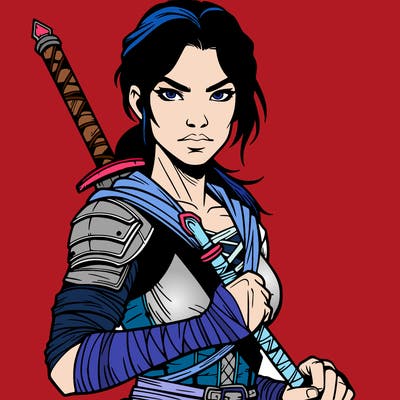 female warrior who looks fierce and strong realistic  with a weapon