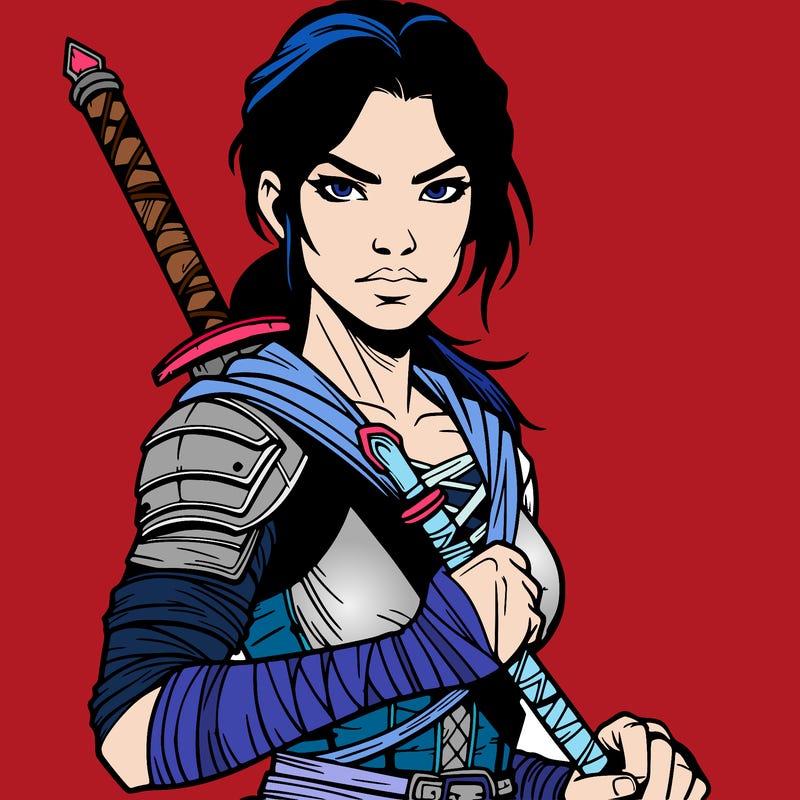 female warrior who looks fierce and strong realistic  with a weapon