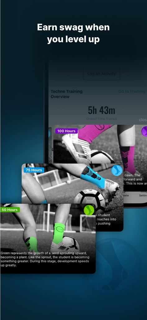 Techne Futbol: Soccer Training - Écran promotionnel montrant le système de récompenses pour les chaussettes d'entraînement Techne Futbol pour atteindre les étapes d'entraînement