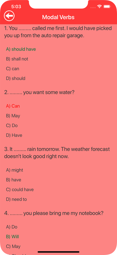 Elementary English Grammar - Multiple choice English grammar quiz interface for modal verbs showing correct and incorrect answer feedback