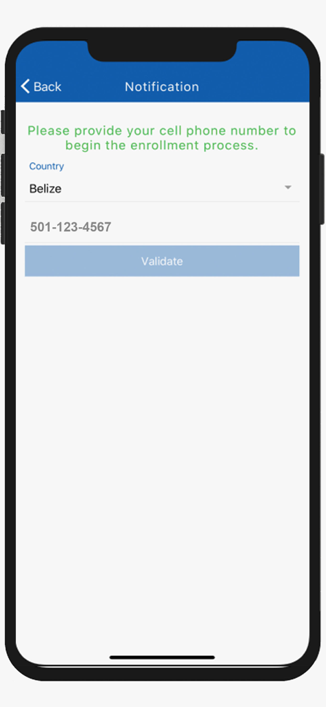 Belize Bank Mobile Banking - Belize Bank mobile app enrollment screen for phone number validation