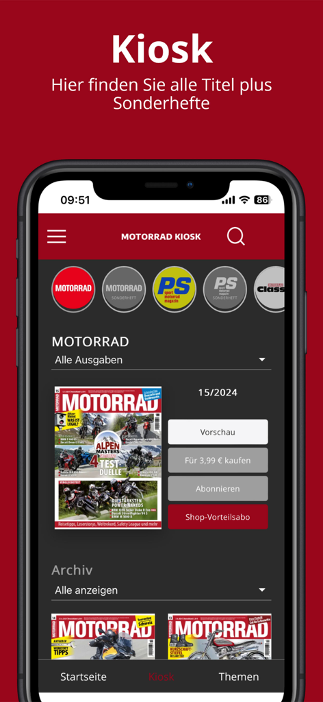 Motorrad Kiosk - Interfaz de la aplicación Motorrad Kiosk mostrando números de revistas de motocicletas y opciones de suscripción