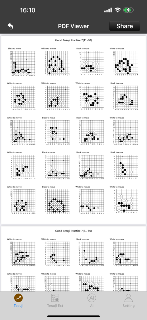Uma coleção de diagramas táticos de tabuleiro de Go para prática de Tesuji no visualizador de PDF