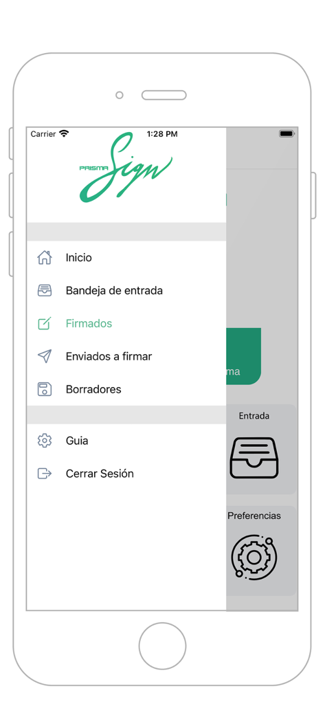 Prisma Sign - Side navigation menu of the Prisma Sign mobile app showing options like Inbox, Signed documents, and Drafts in Spanish