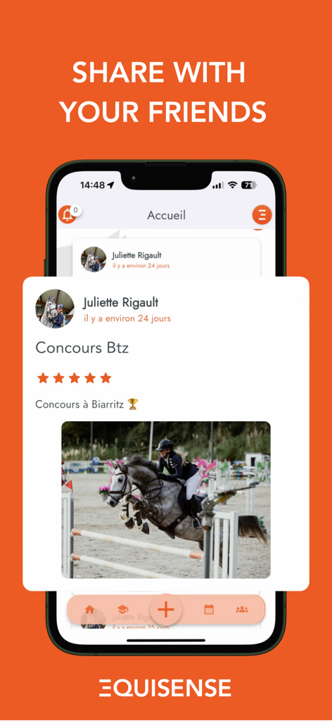 Equisense Inside - Equisense Inside app screen showing a user sharing horse jumping competition results with friends