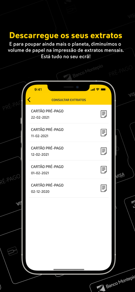 APPré-pago | Banco Montepio - A tela de consulta de extratos do aplicativo móvel APPré-pago Banco Montepio listando registros mensais para um cartão pré-pago