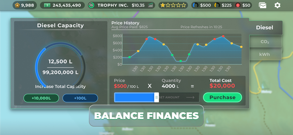 Pantalla del juego Truck Manager 2026 mostrando el historial de precios del combustible diésel y las opciones de compra