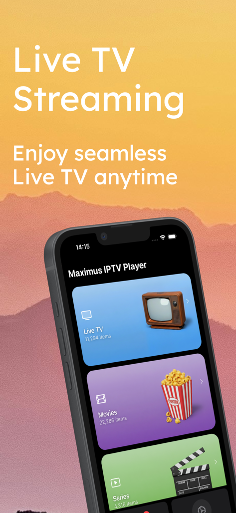 Maximus: IPTV Player M3U Cast - Maximus IPTV Player interface displaying Live TV, Movies, and Series categories.