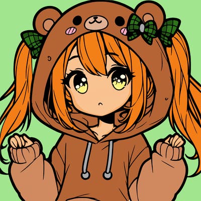 cute anime girl with ponytails and a cute bear hoodie