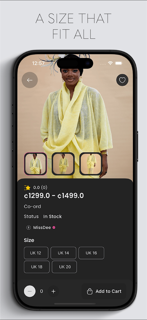 Miss Dee Clothing - Miss Dee Clothingのモバイルアプリ商品ページ。黄色のコーディネートを着た女性とサイズ選択ボタンが表示されています。