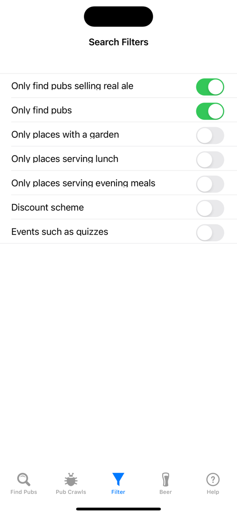 Pub Crawler - Filtres de recherche de l'application Pub Crawler montrant les options de bière artisanale, de jardin et d'heures de repas.