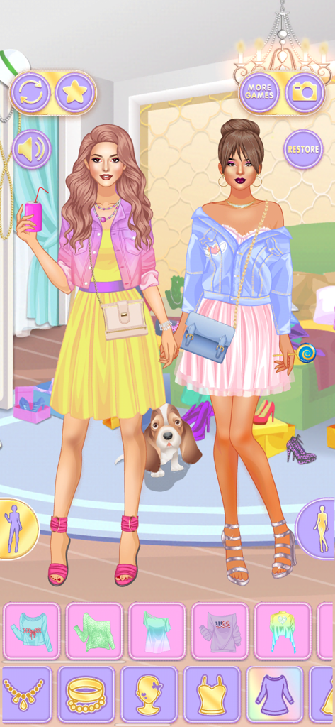 Two sisters in trendy pastel outfits and a puppy in a dress up game interface