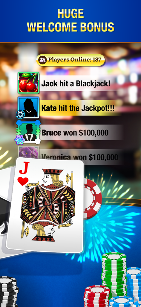 Blackjack Live ™ Casino 21 - ブラックジャックライブ カジノ21のインターフェースに、ウェルカムボーナスとリアルタイムの当選者通知が表示されています
