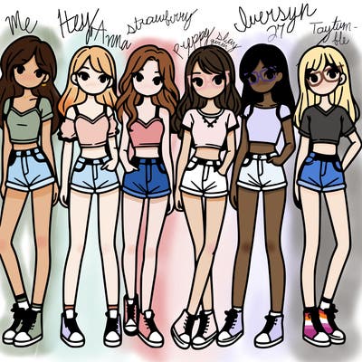 a group of girls wearing crop tops and shorts