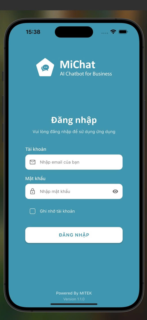 Login screen for the MiChat AI Chatbot for Business mobile application showing email and password entry fields
