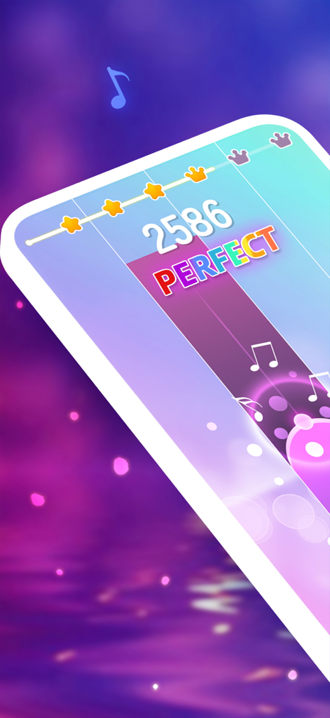 Music Tiles - Magic Piano Game - Una pantalla de puntuación perfecta en Music Tiles Magic Piano Game con visuales vibrantes en púrpura y rosa