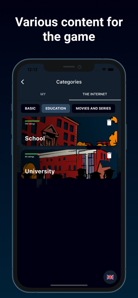 Spy - the game for a company - Mobile app screen displaying various game content categories including education with school and university themes