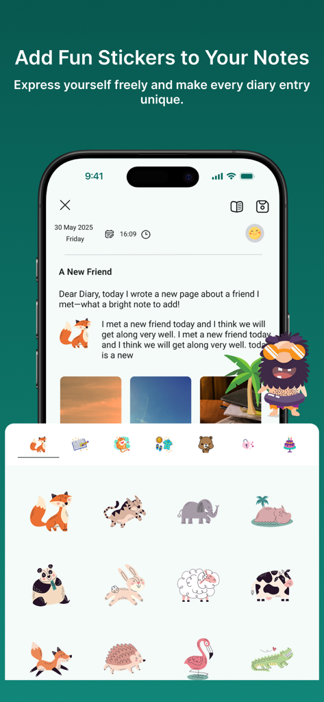 Daynote : Diary with Password - Digital diary app interface showing a selection of cute animal stickers for customizing journal entries.