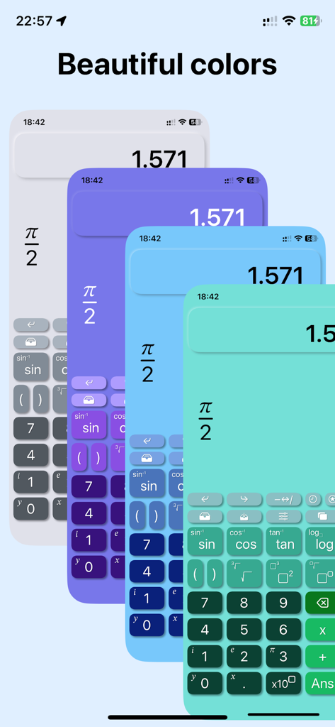 Thèmes de couleurs élégants et modernes pour la calculatrice scientifique CalcMe