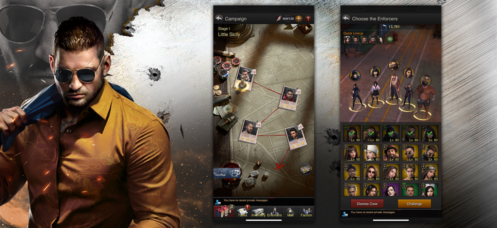 Pantallas del mapa de campaña estratégica y selección de ejecutores en The Grand Mafia