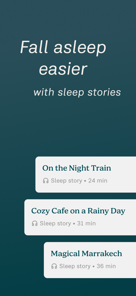 7Mind Mindfulness & Meditation - 7Mind app interface showing various sleep stories like On the Night Train and Cozy Cafe on a Rainy Day to help users fall asleep easier