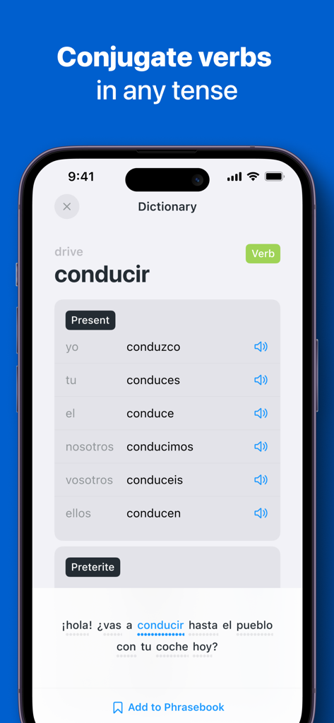 iTranslate app screen showing Spanish verb conjugations and dictionary definitions for the word conducir.