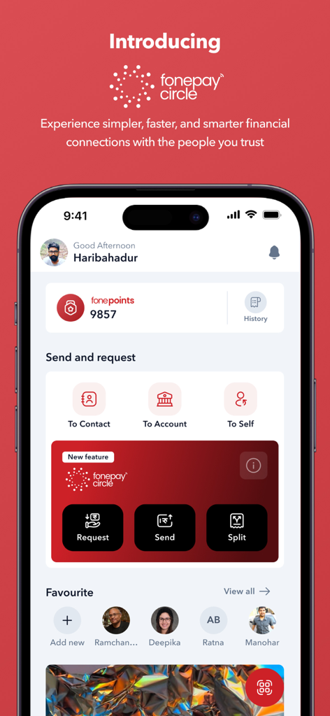 Fonepay App - Interface of the Fonepay app showcasing the Fonepay Circle feature for requesting and splitting payments with friends