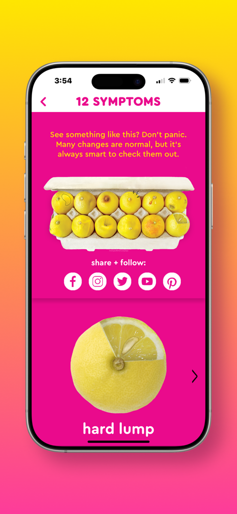 Know Your Lemons - Know Your Lemons App-Bildschirm, der 12 Brustkrebs-Symptome unter Verwendung von Zitronen in einem Eierkarton und eine detaillierte Ansicht eines harten Knotens zeigt.